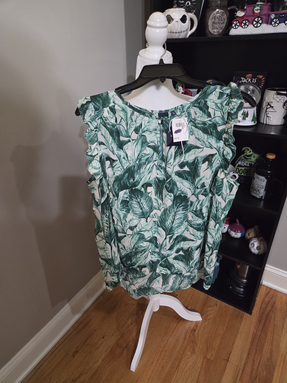 Kaari Blue Green Leaf-Print Ruffle Sleeve Tank